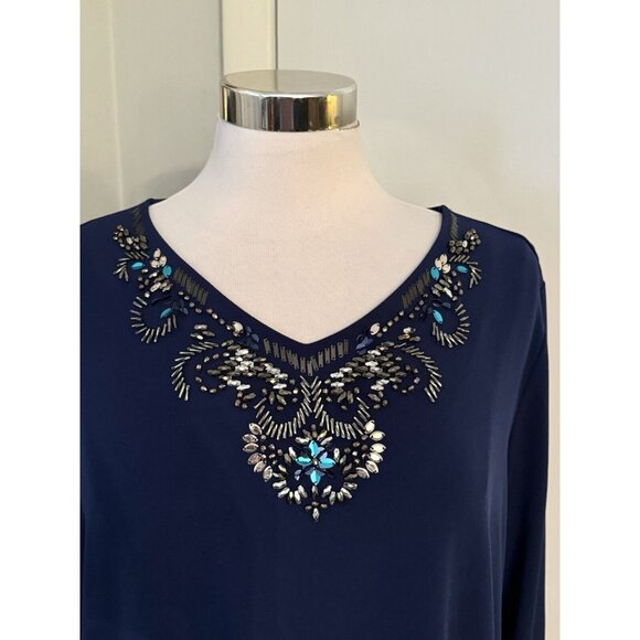 Susan Graver Artisan Top Size XL  Blue Beaded V Neck 3/4 Sleeve Tunic Blouse - Picture 13 of 15
